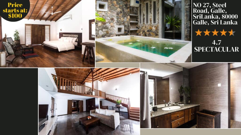 A luxurious hotel suite with wooden decor features a bedroom, a modern bathroom, an open-plan living area, and an outdoor pool. Located among the finest Sri Lanka hotels, it has an impressive 4.7-star rating with pricing information provided for your convenience.