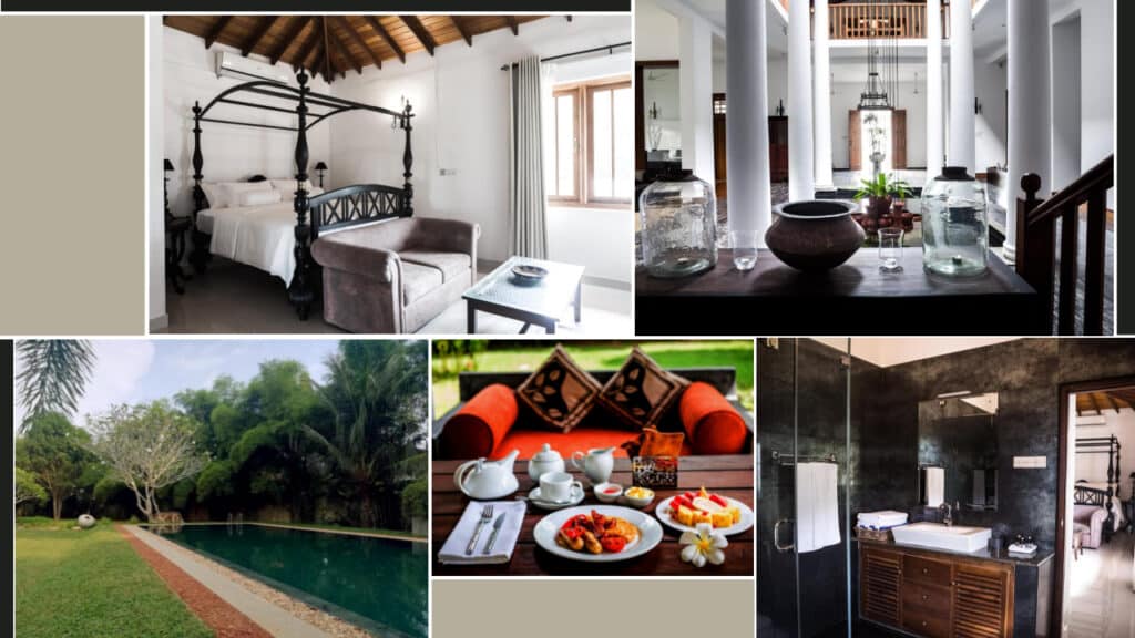 Collage of five images showcasing luxurious Sri Lanka hotels: a sumptuous bedroom, an elegant hallway, a lush outdoor pool area, a gourmet meal on a table, and a modern bathroom.