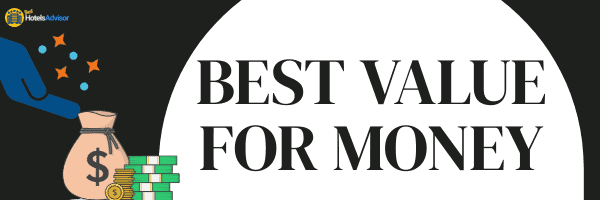 Highlighting the best Atlanta hotels with indoor pools for money, with a hand placing a star above a bag of money and stacked coins.