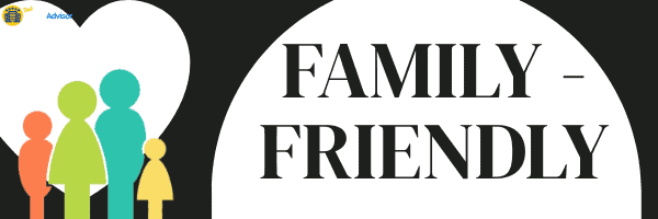 Illustration of stylized family figures with the words "FAMILY-FRIENDLY" in bold, uppercase letters to the right. Background features a large white heart reminiscent of the welcoming atmosphere found in many Jamaica hotels.