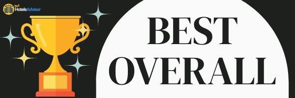 Award badge featuring a gold trophy with the text "best Atlanta hotels" from hotels advisor with decorative stars.